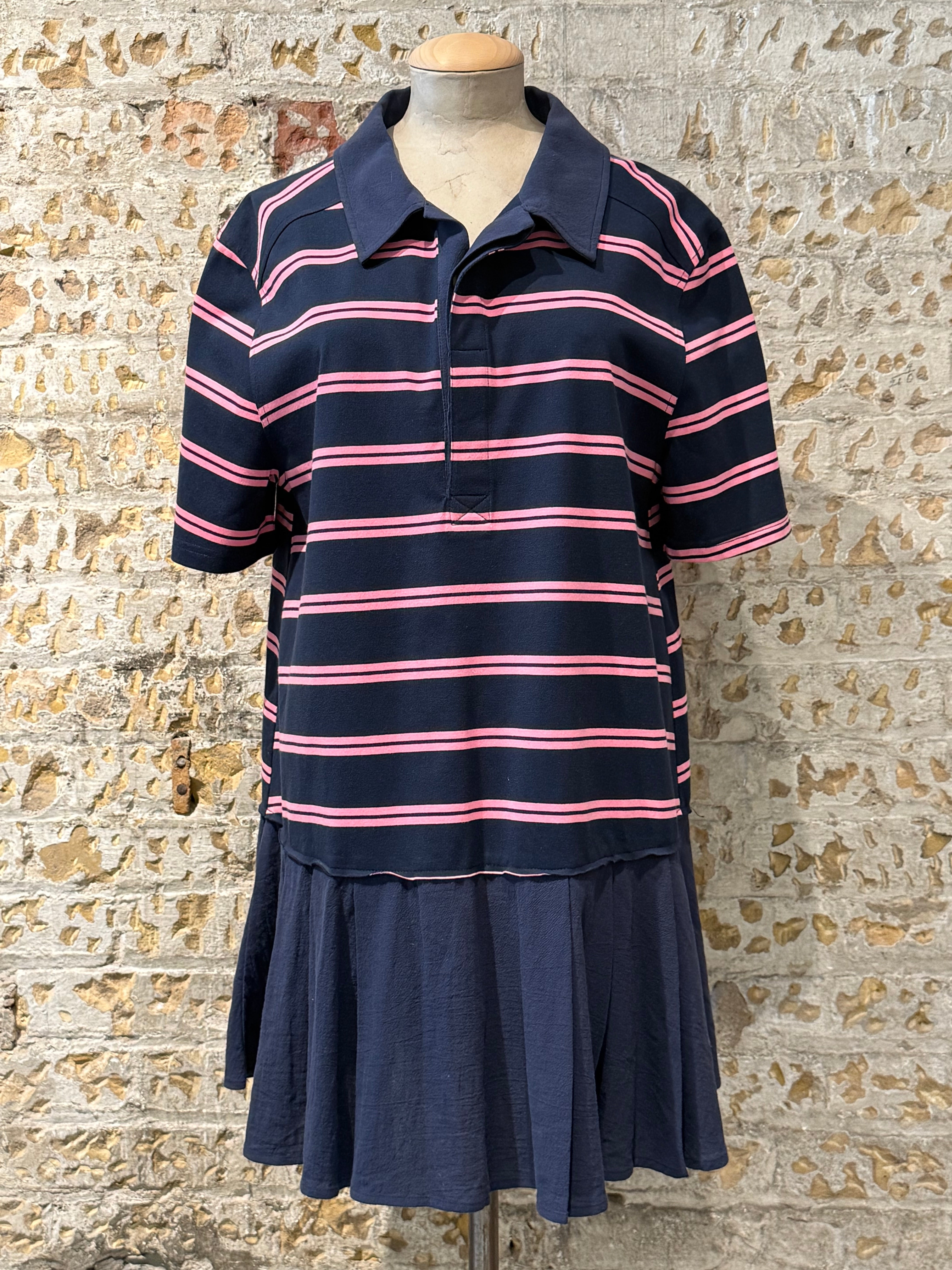 Blue polo dress, with pink lines
