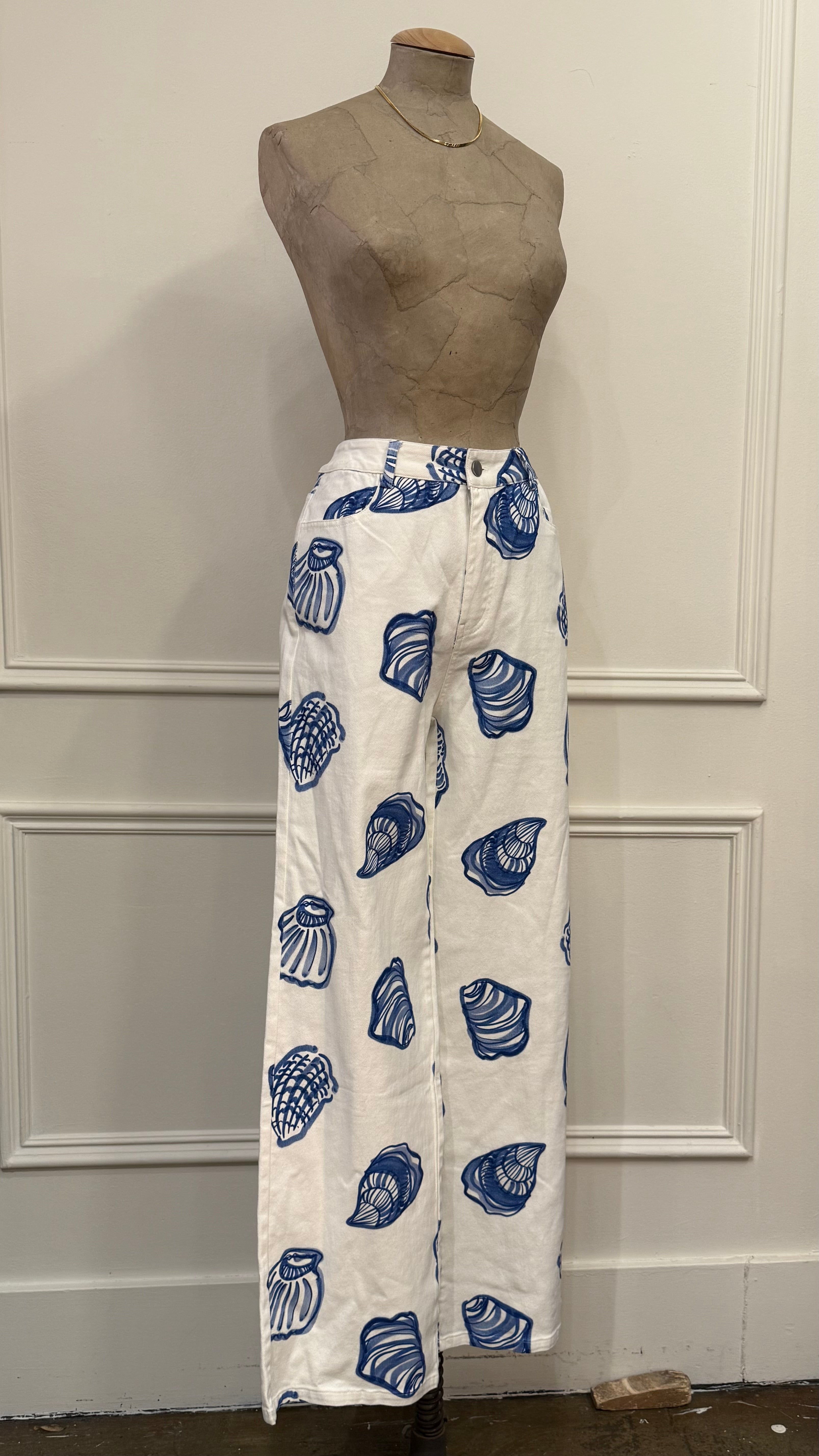 White Pants with Blue Shell Print