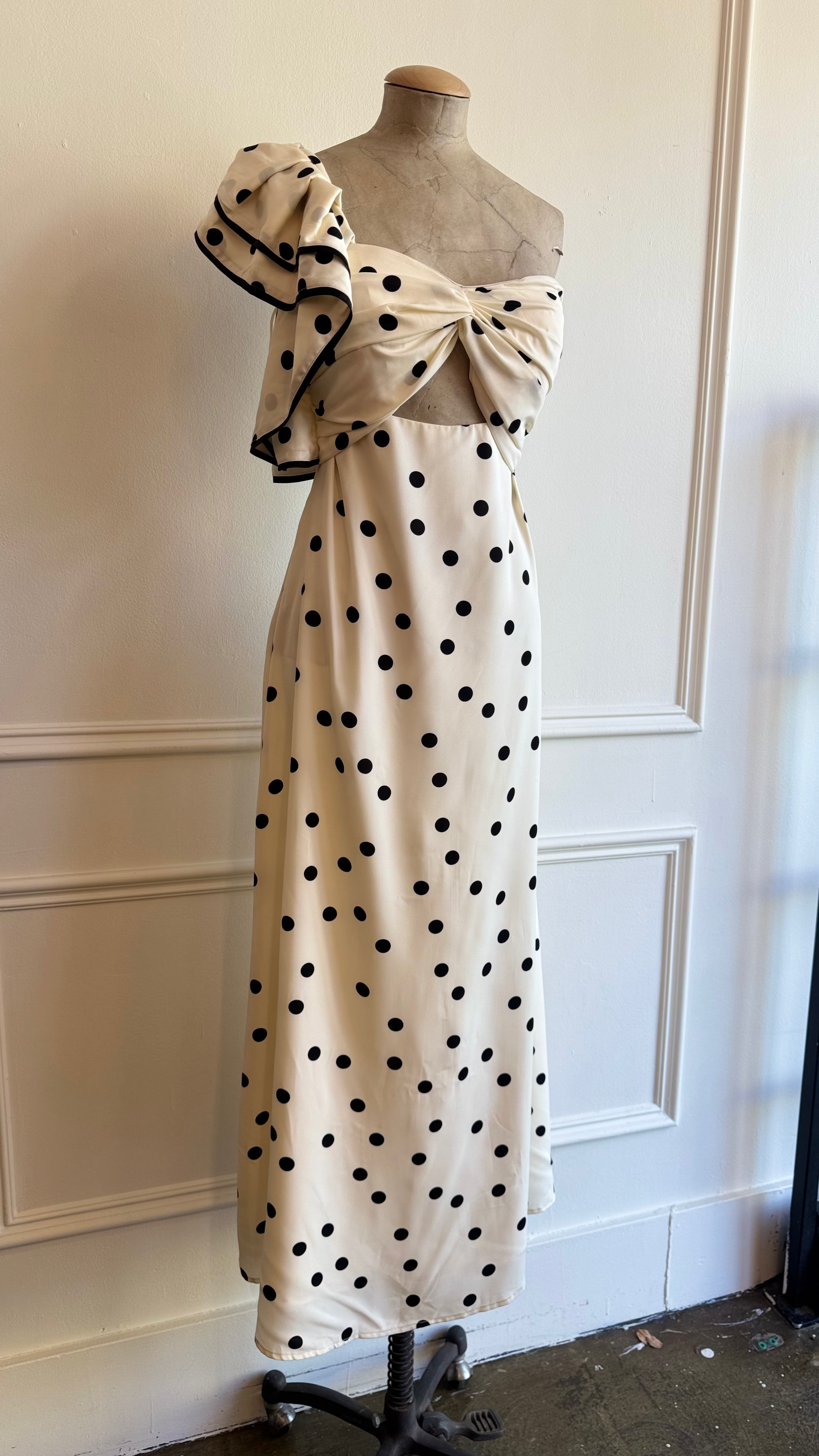 Ivory Polka Dot One-Shoulder Midi Dress