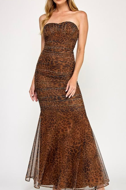 Strapless Leopard Maxi Dress