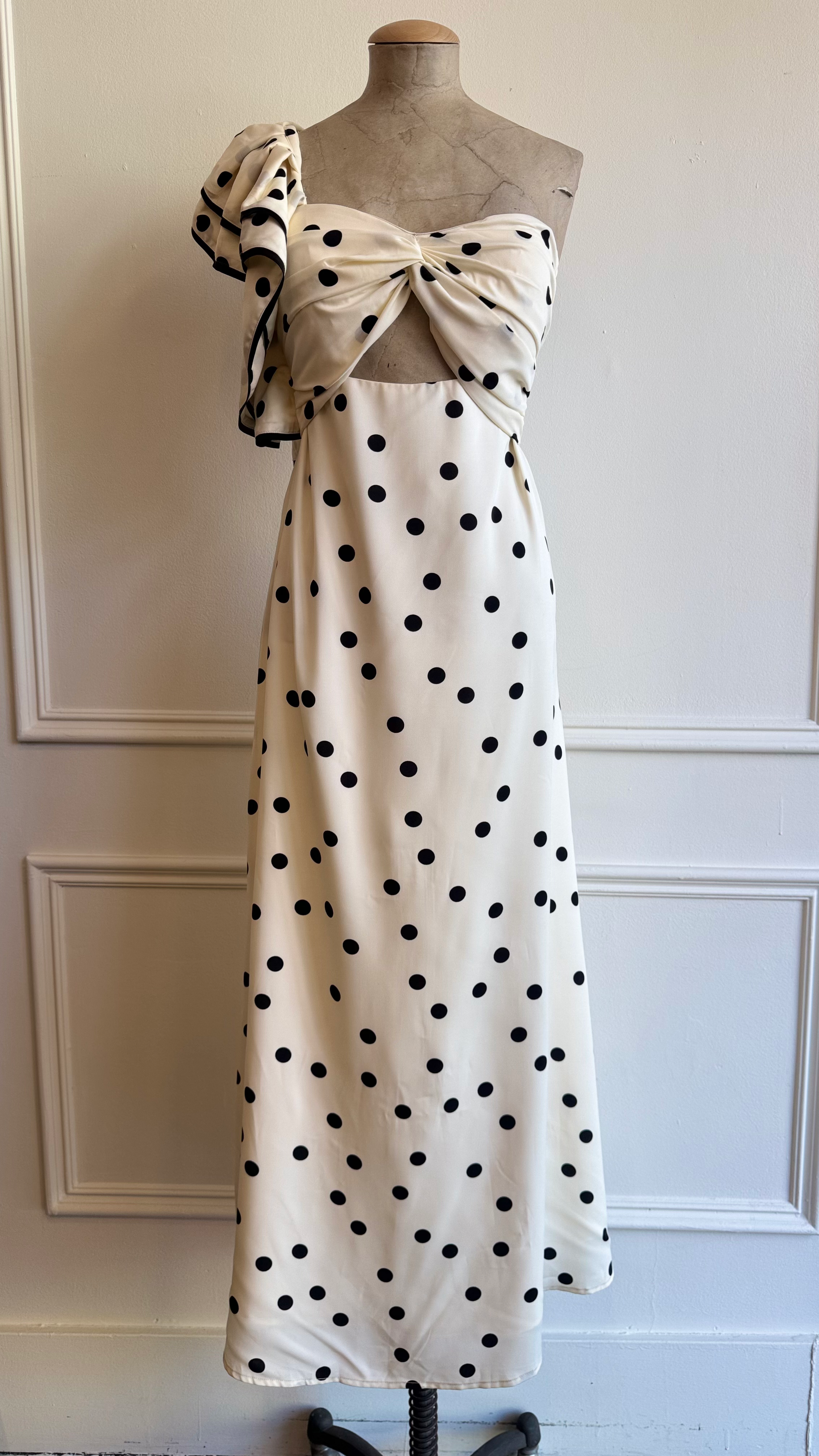 Ivory Polka Dot One-Shoulder Midi Dress