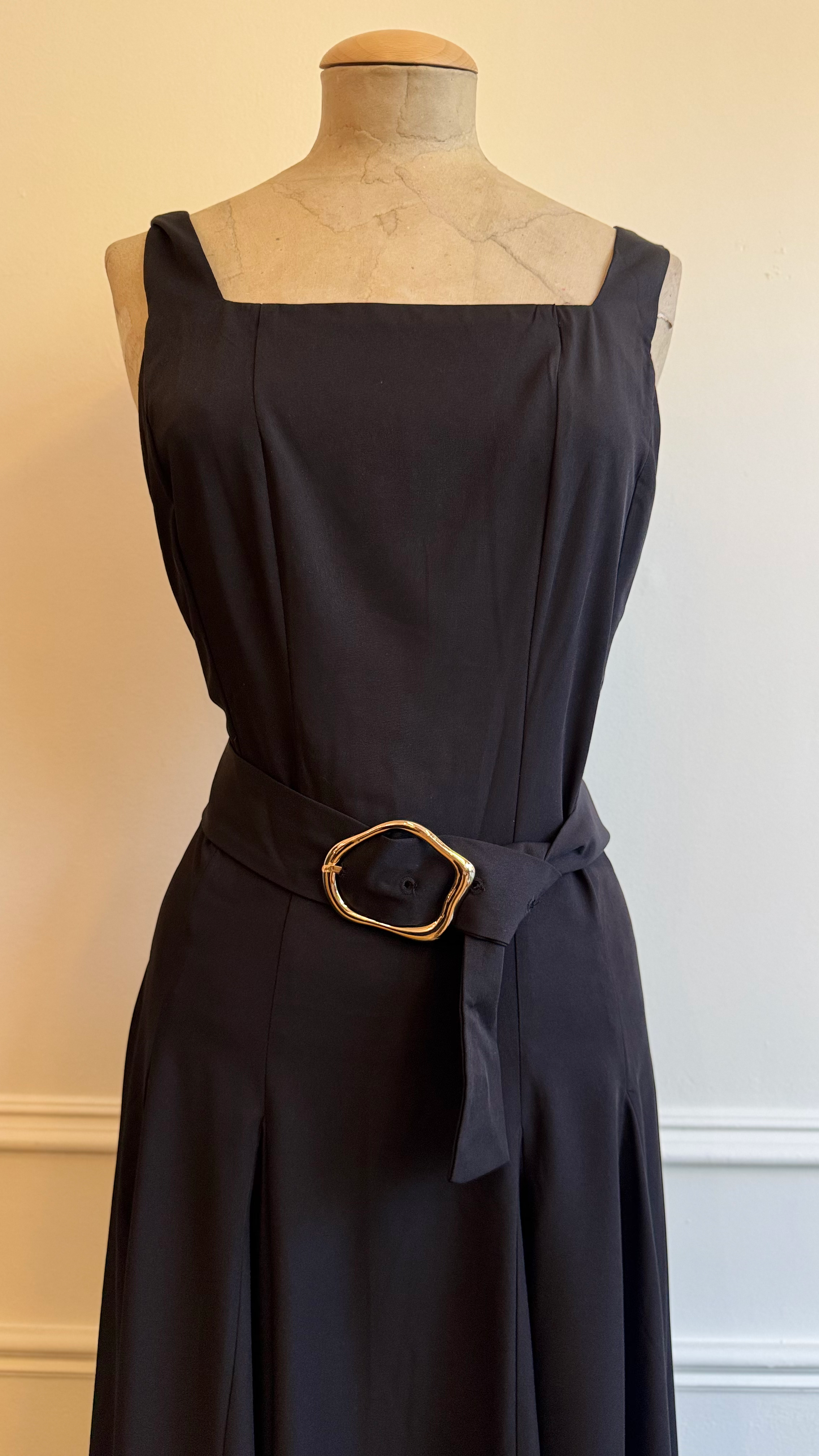 Square Neck Buckle Midi Dress