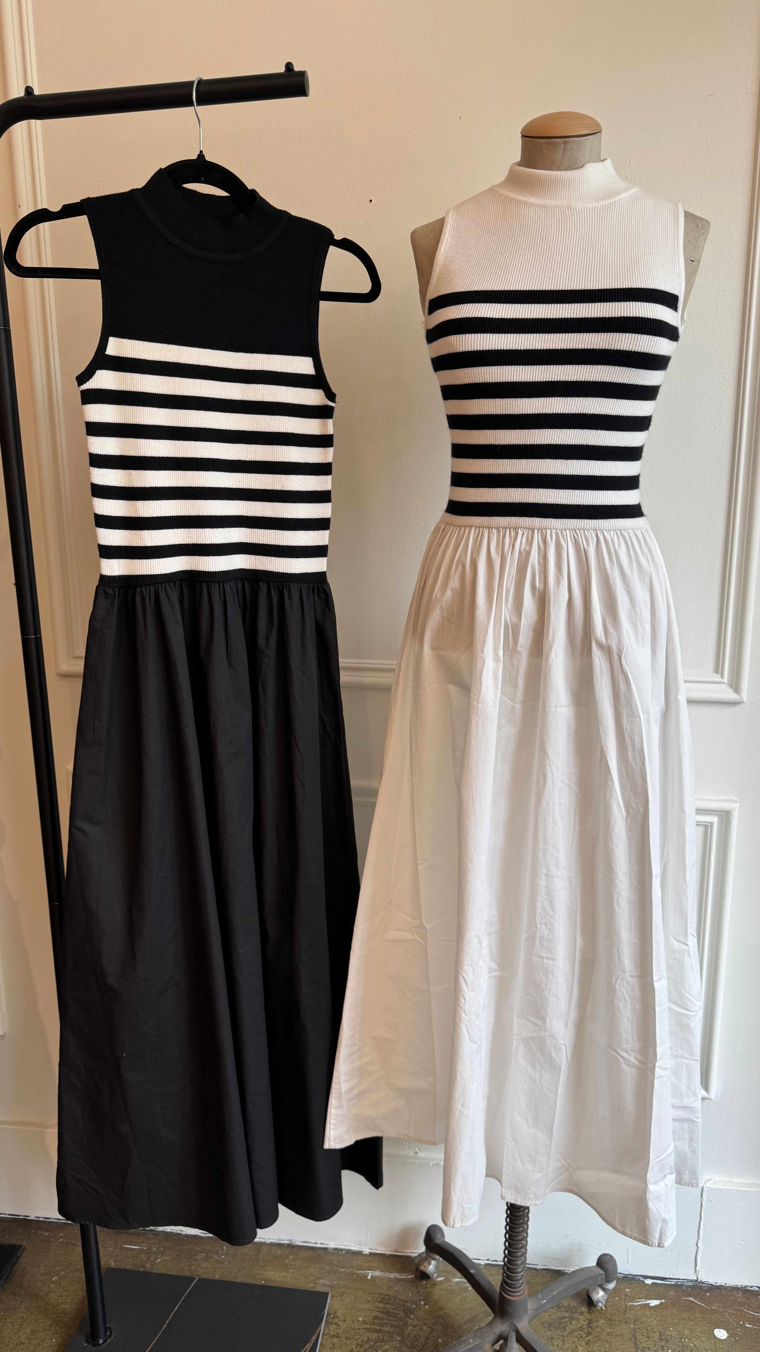 Knit Stripe Poplin Skirt Dress (white)