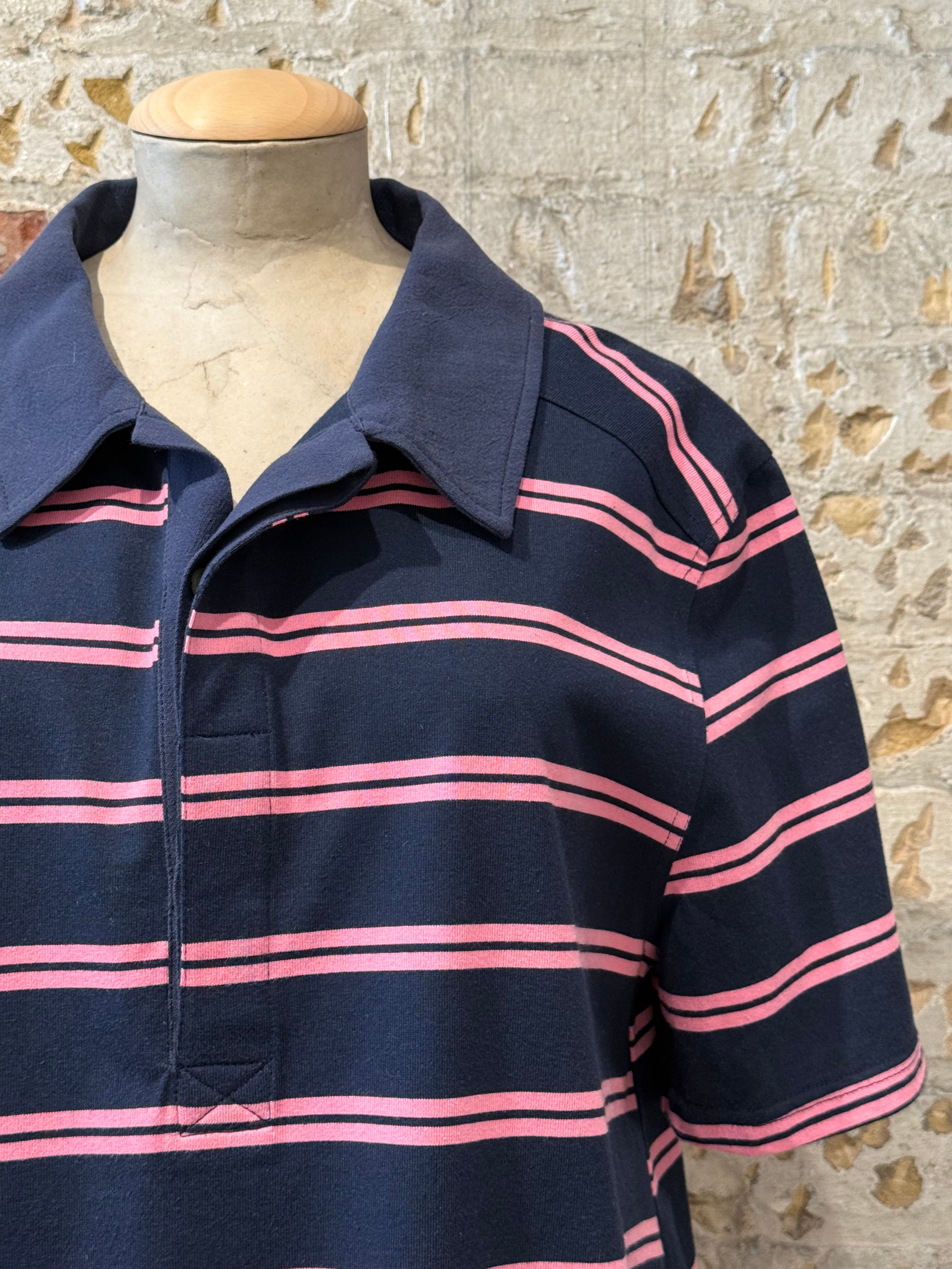 Blue polo dress, with pink lines
