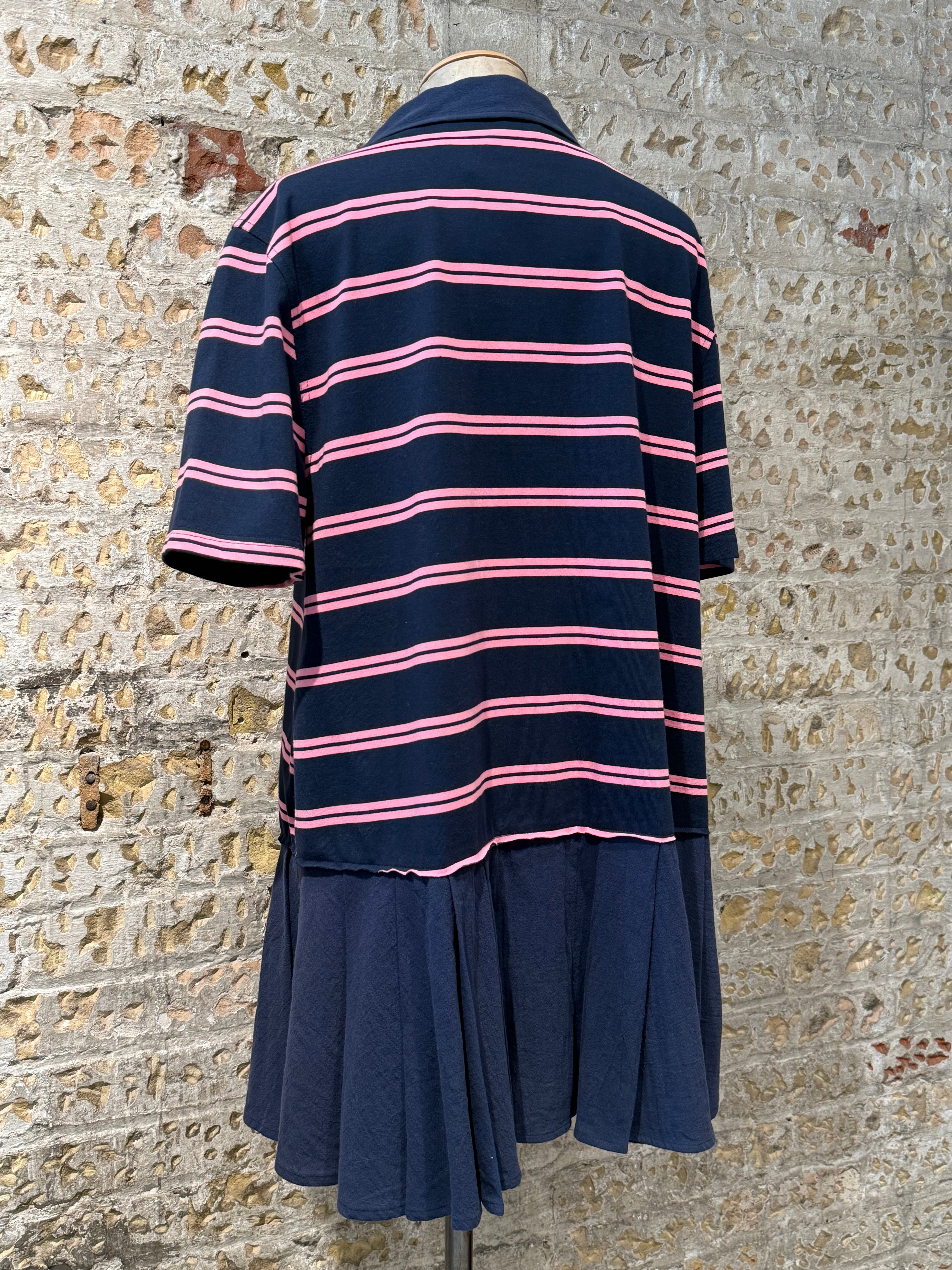Blue polo dress, with pink lines