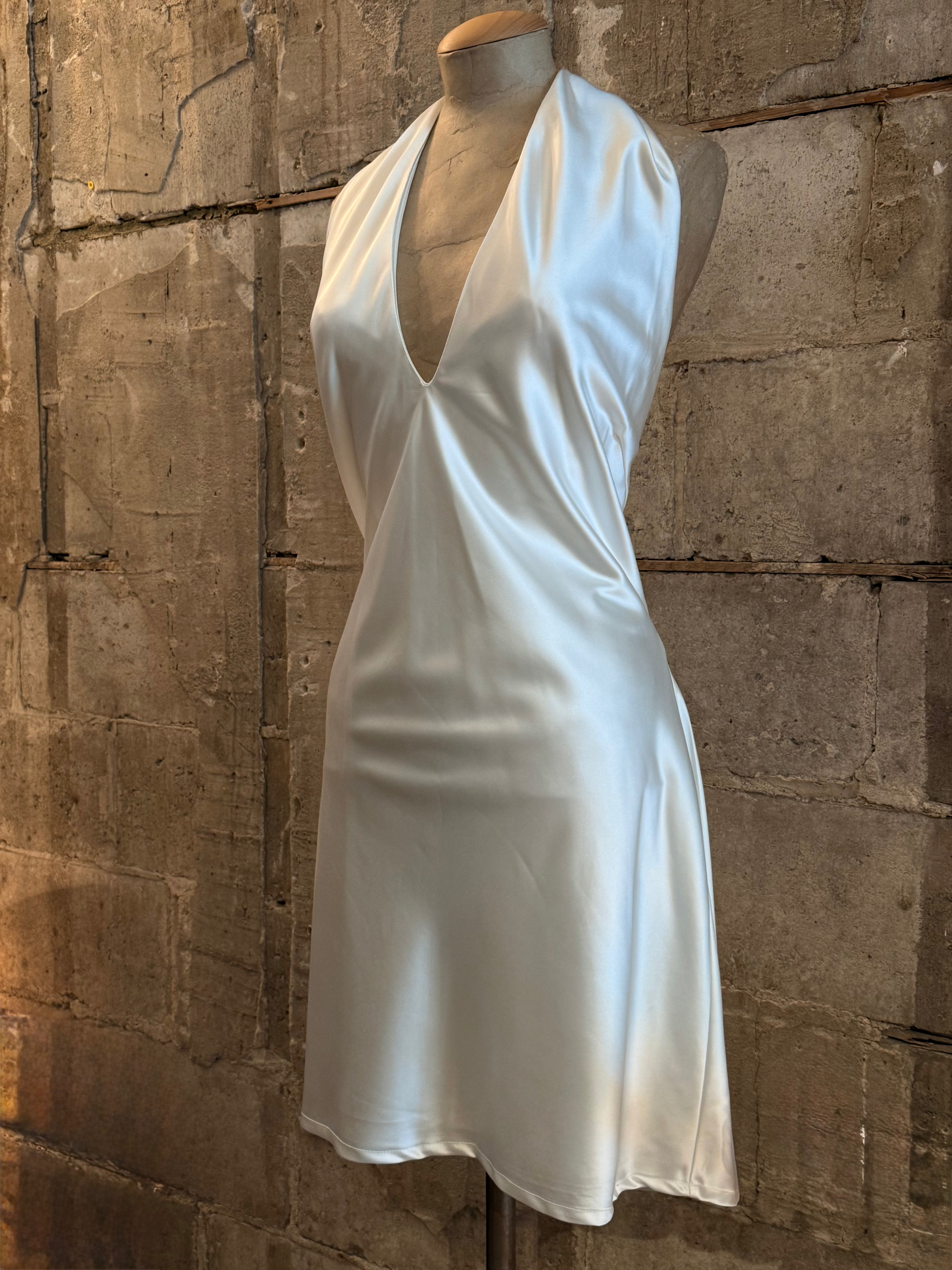 White mini V neck dress