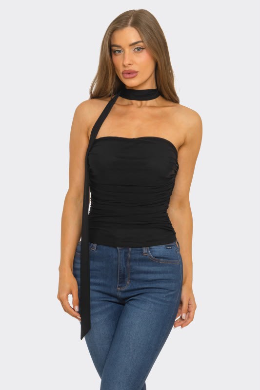Scarf Draped Over Shoulder Bandeau Top