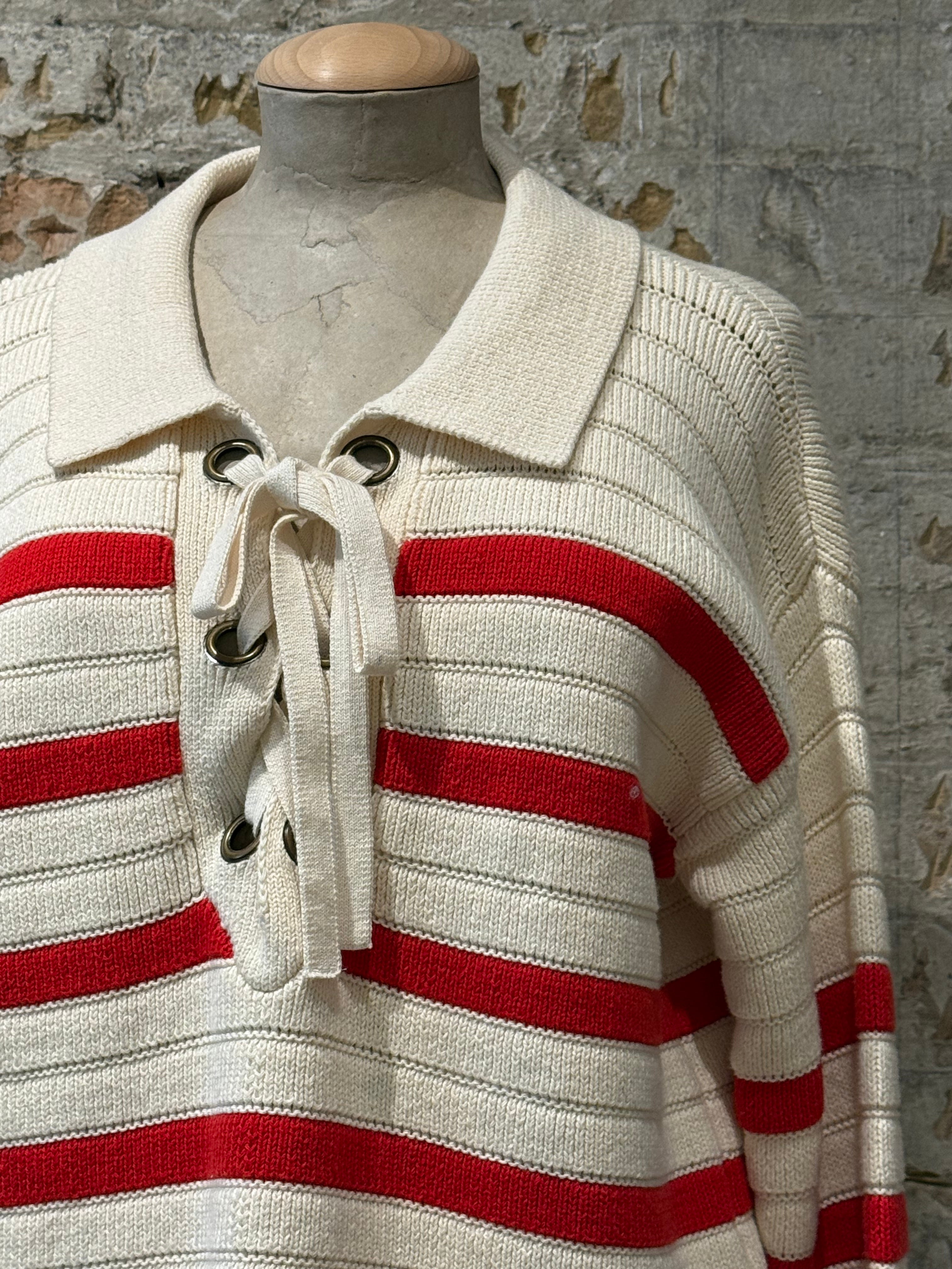 Beige sweater with horizontal red lines