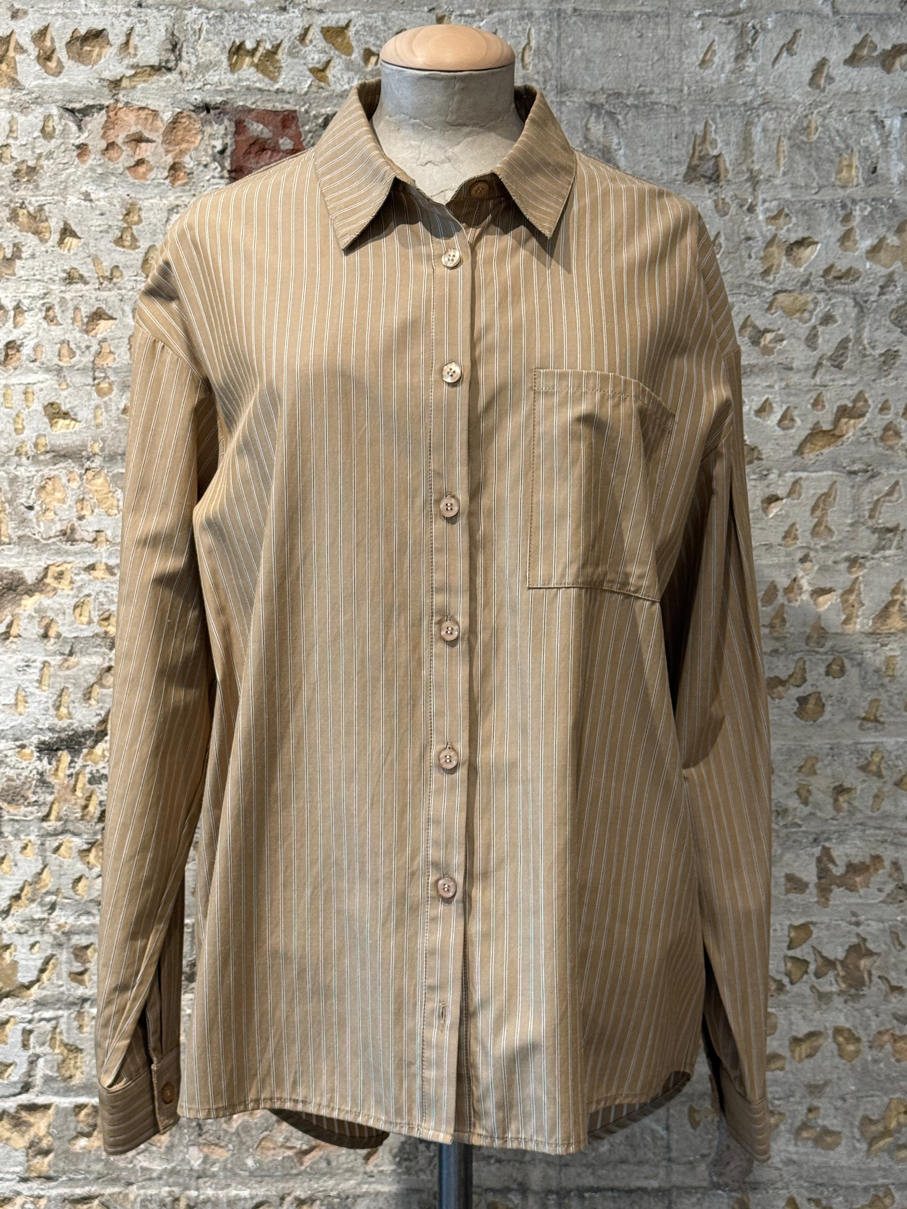Long-sleeved shirt light brown with horizontal lines black and white