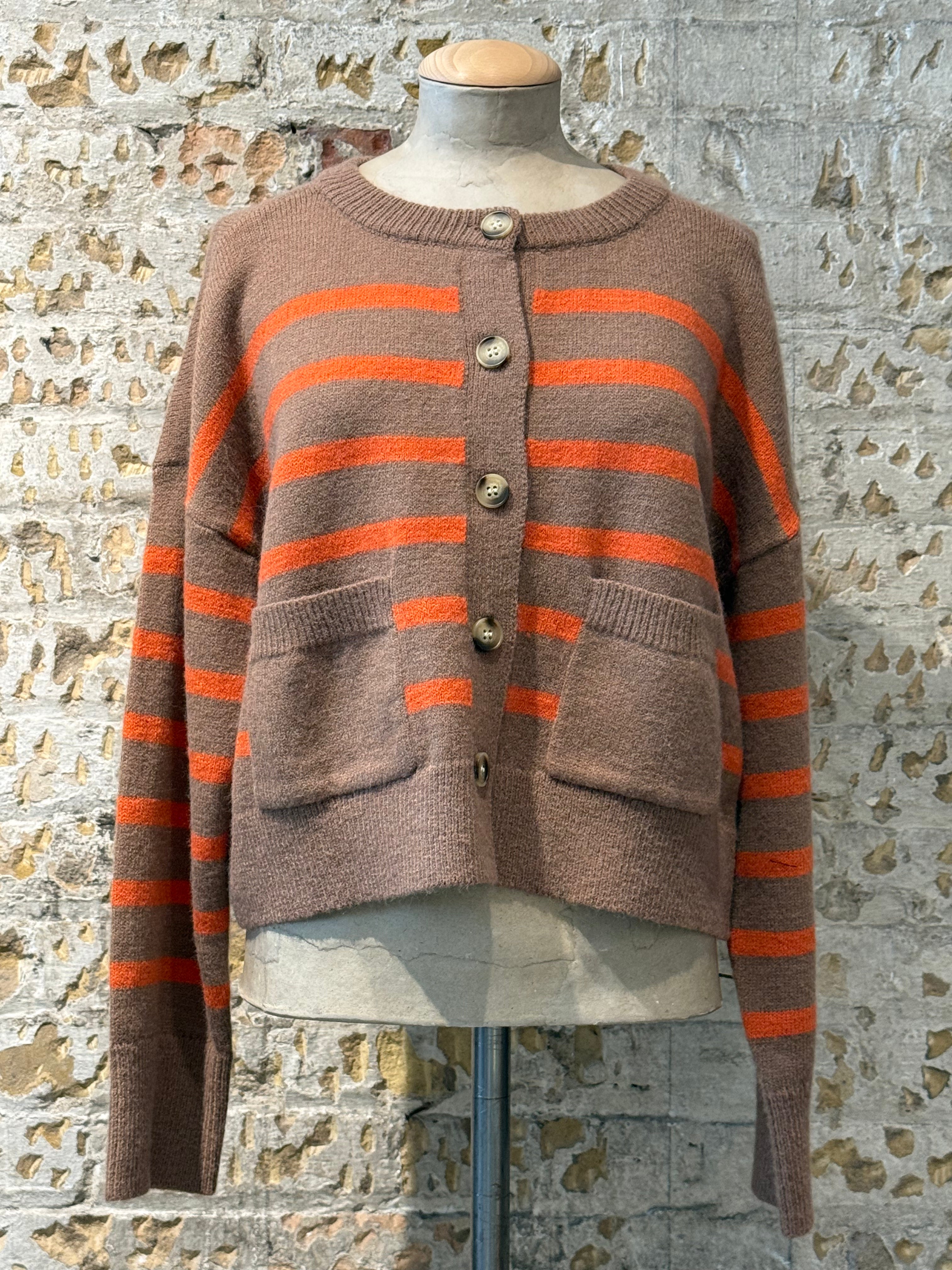 Brown button sweater with orange horizontal lines