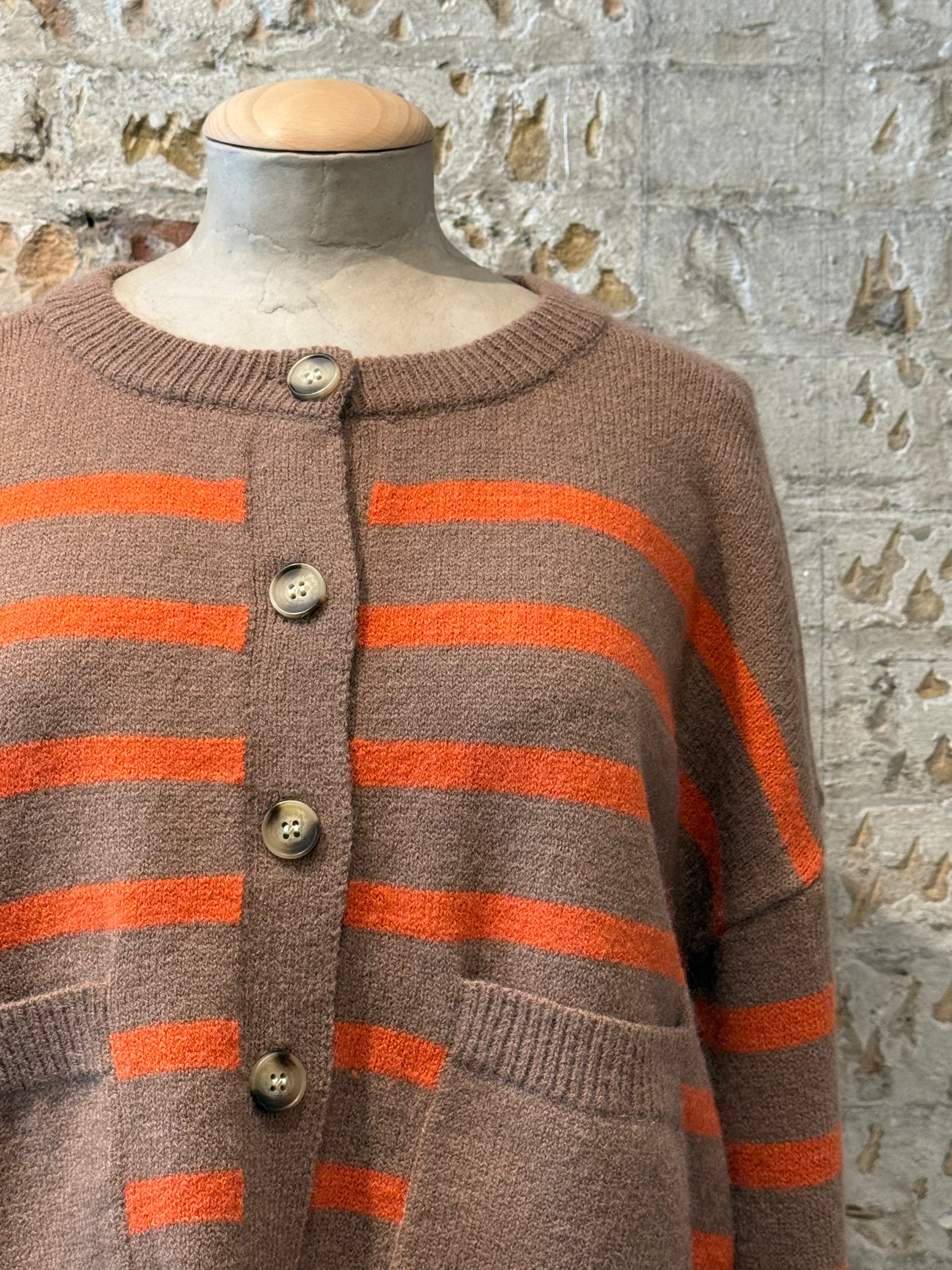 Brown button sweater with orange horizontal lines