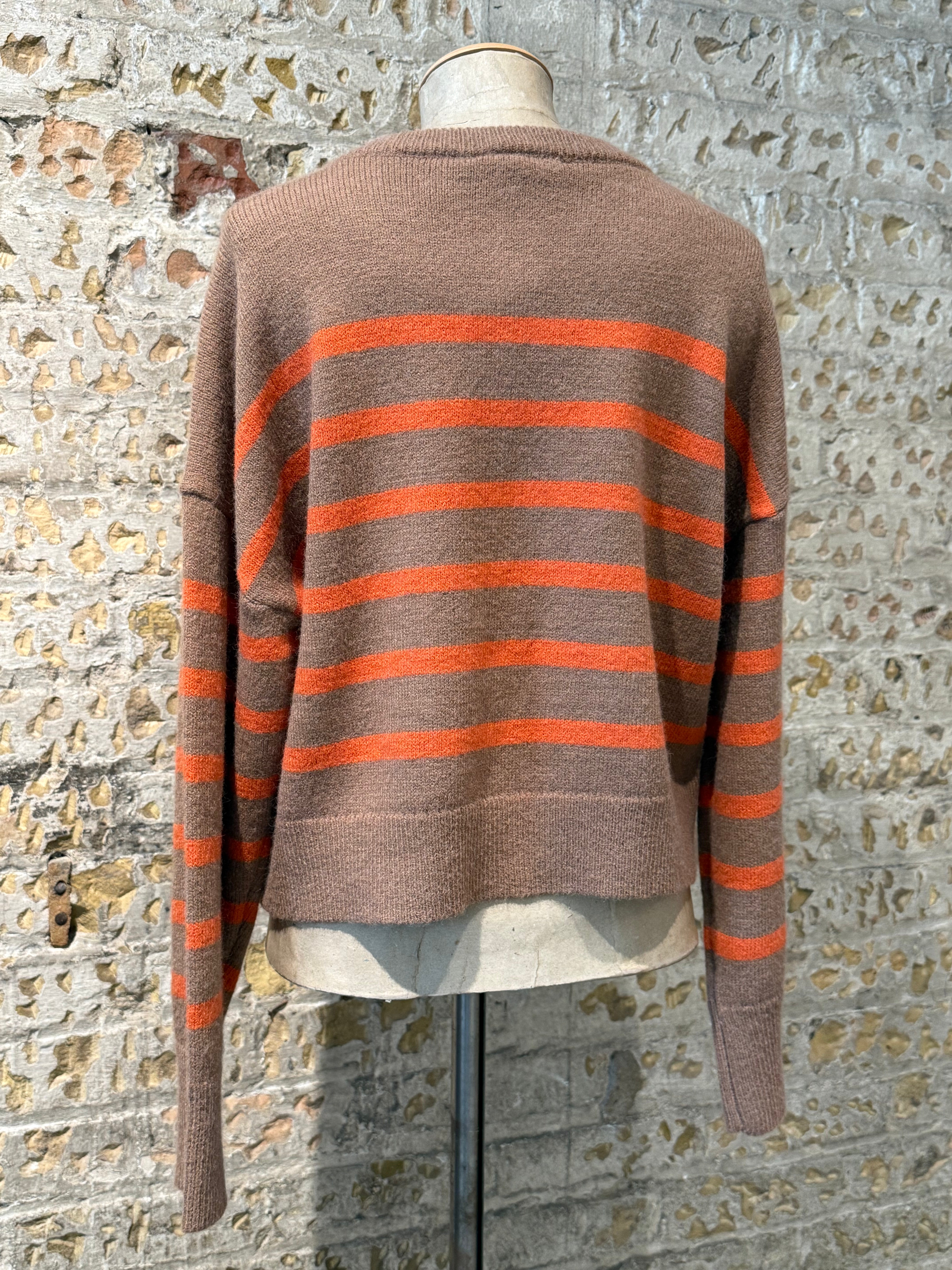 Brown button sweater with orange horizontal lines