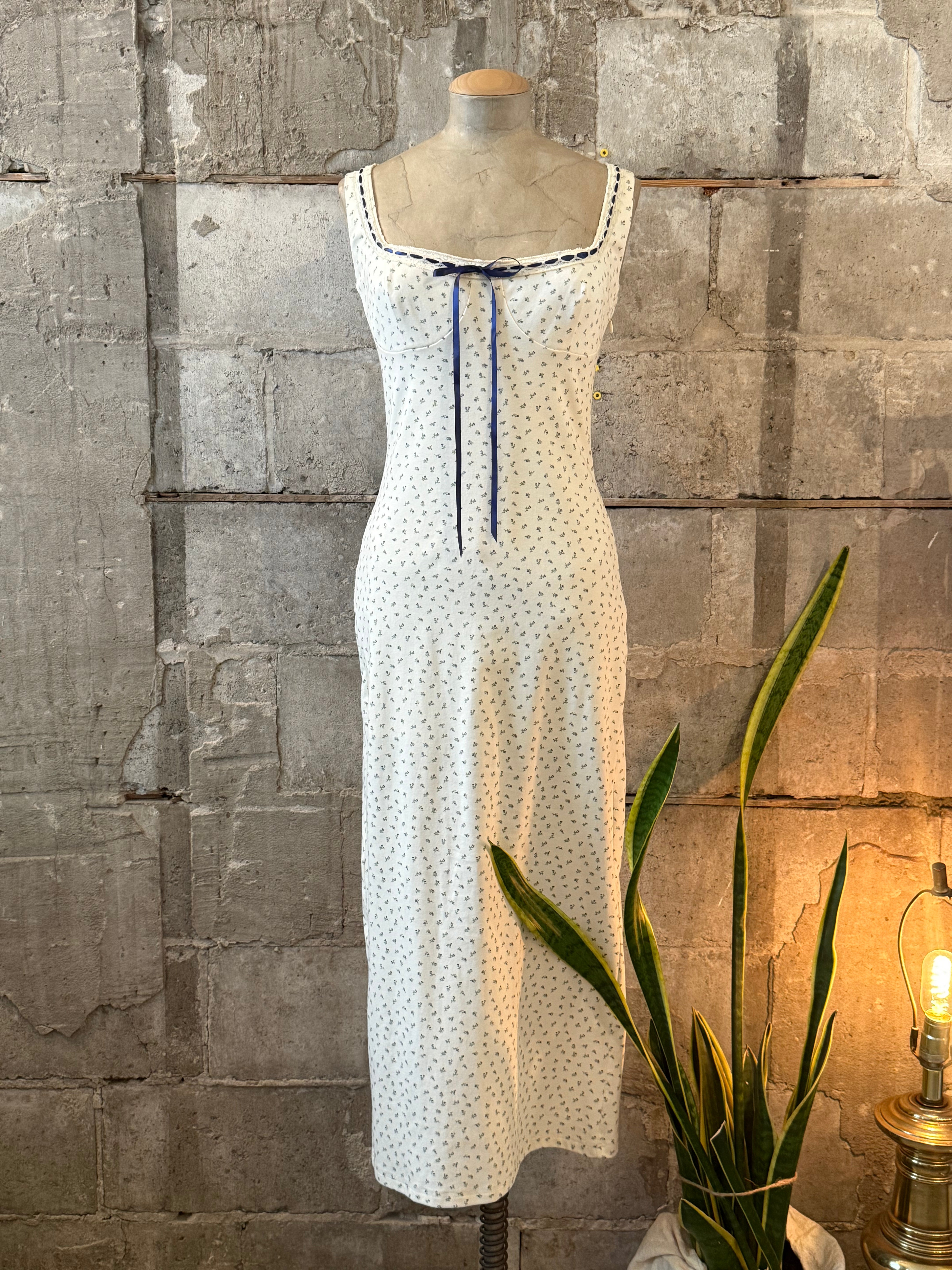 beige dress with blue flowers Seraphim Floral Lace Maxi Dress Blue Cream