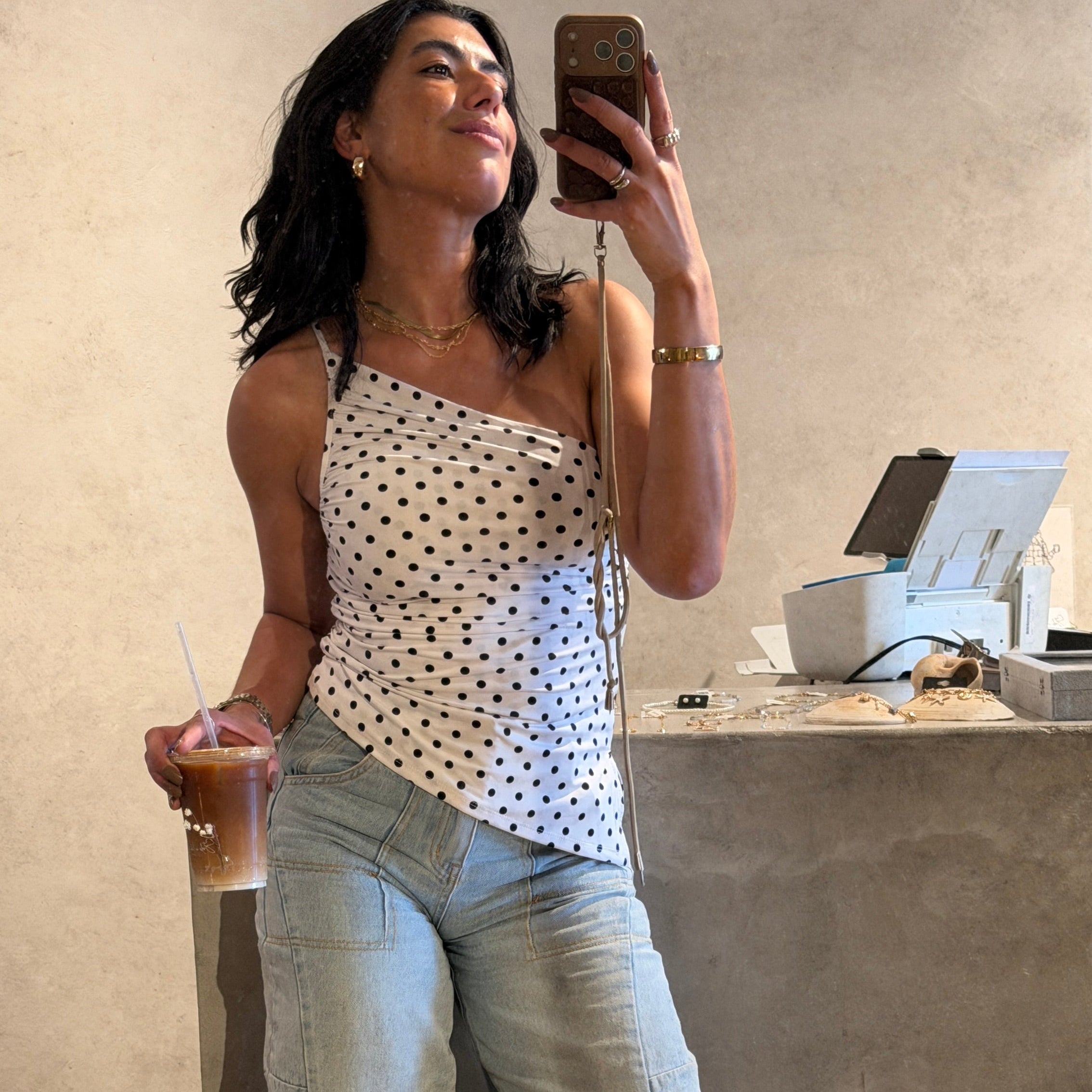 Polka Dot One Shoulder Ruched Tanked Top