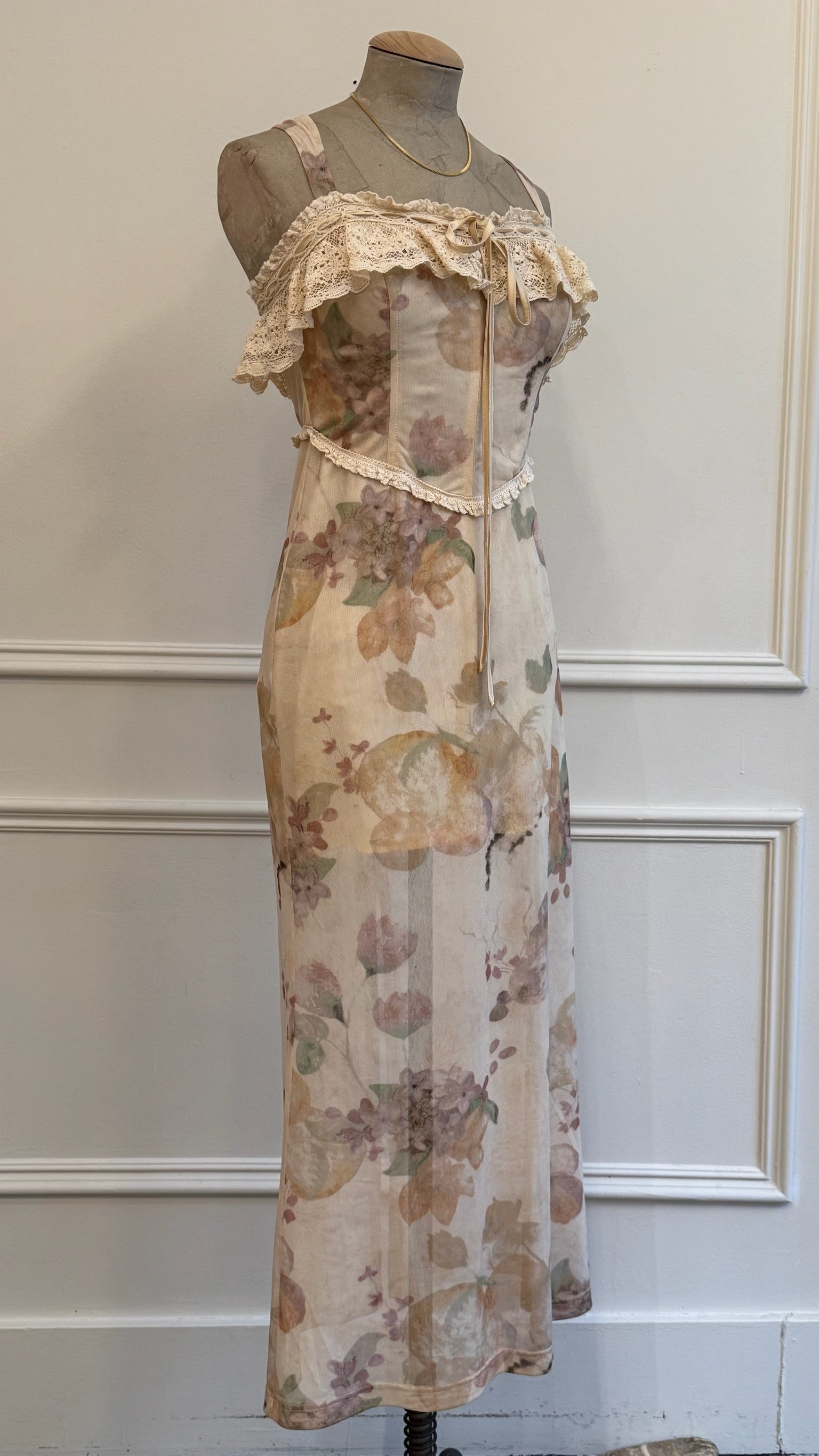Cream Floral Lace Trim Midi Dress